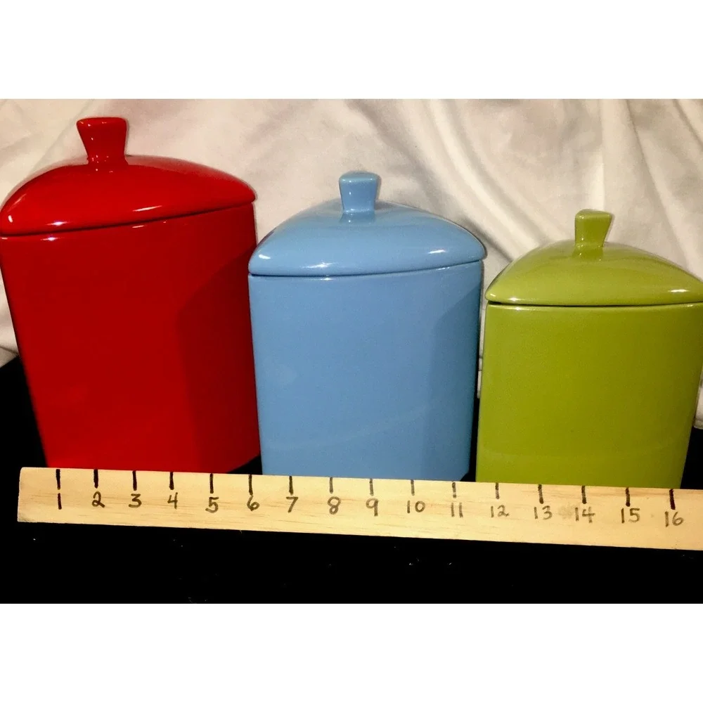 Oneida VTG MCM Buffalo China Triangle Canister Set of 3 Red Blue Green EUC Rare